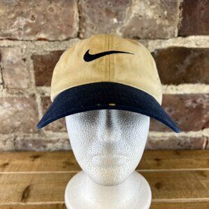 Vintage Nike Swoosh Cream & Blue Baseball Cap Hat Adjustable Straps Cotton